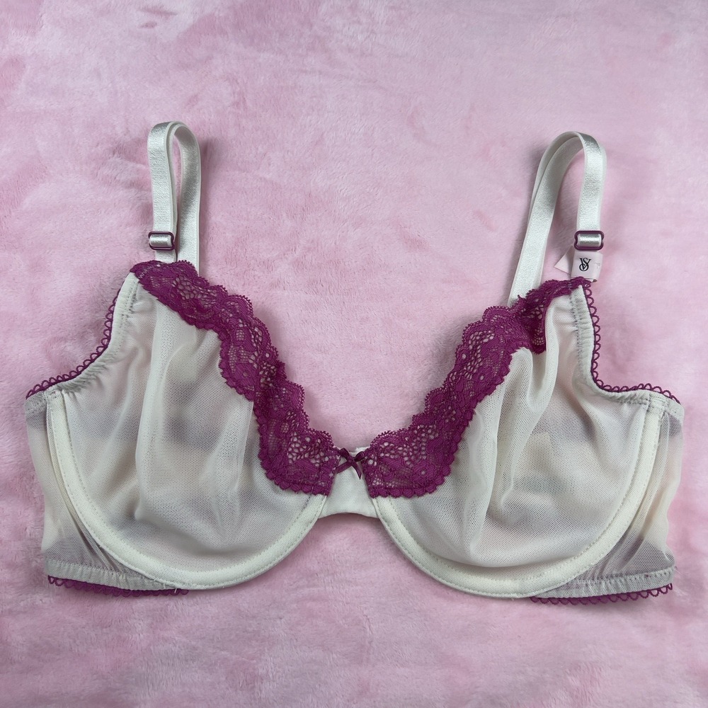 Victoria's Secret Tease Unlined Demi Bra White‎ Sheer Mesh Fuchsia Lace 34C New